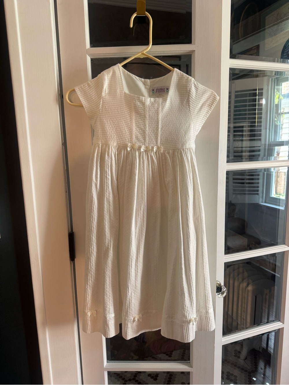 Vintage Simi white seersucker special occasion dress with delicate bows
